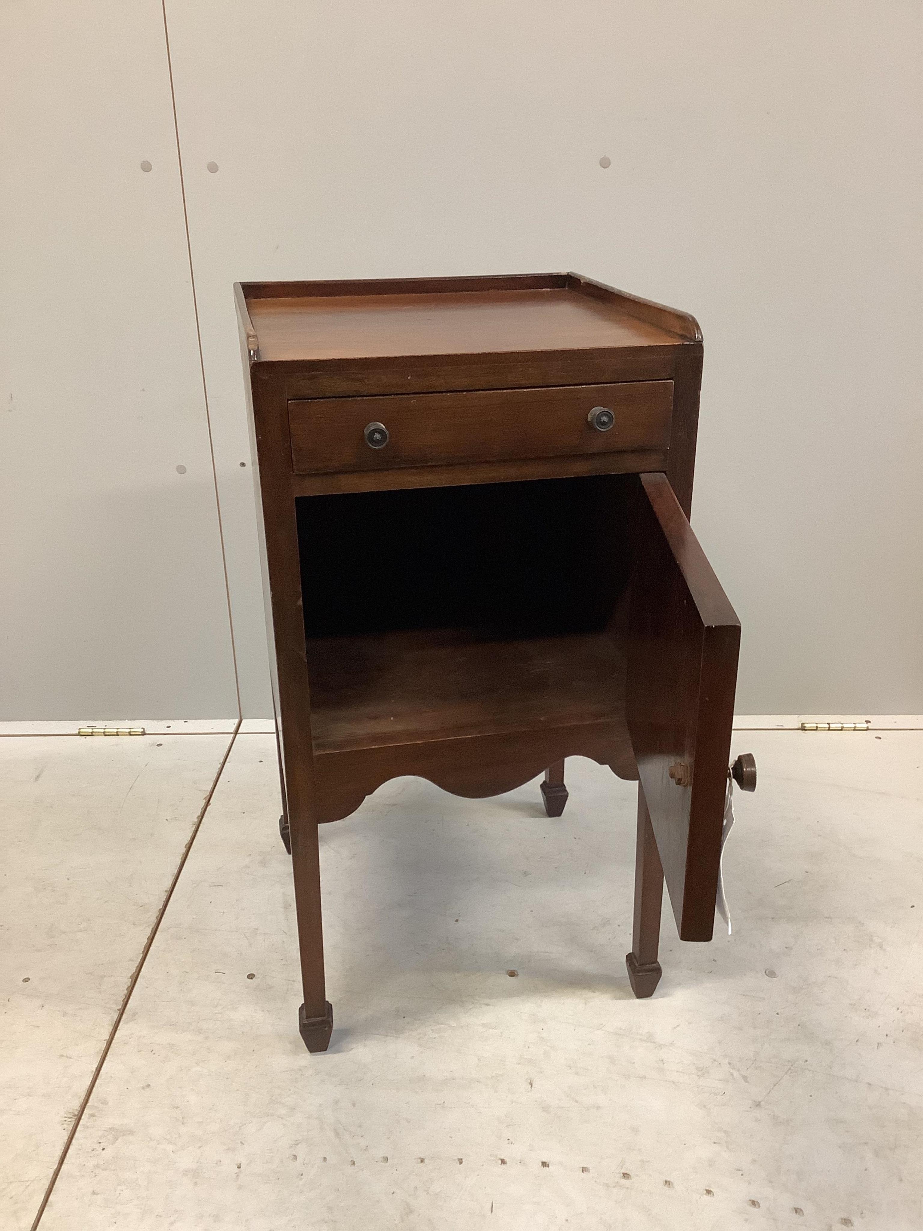 A pair of Edwardian mahogany bedside cabinets, width 41cm, depth 41cm, height 78cm. Condition - poor